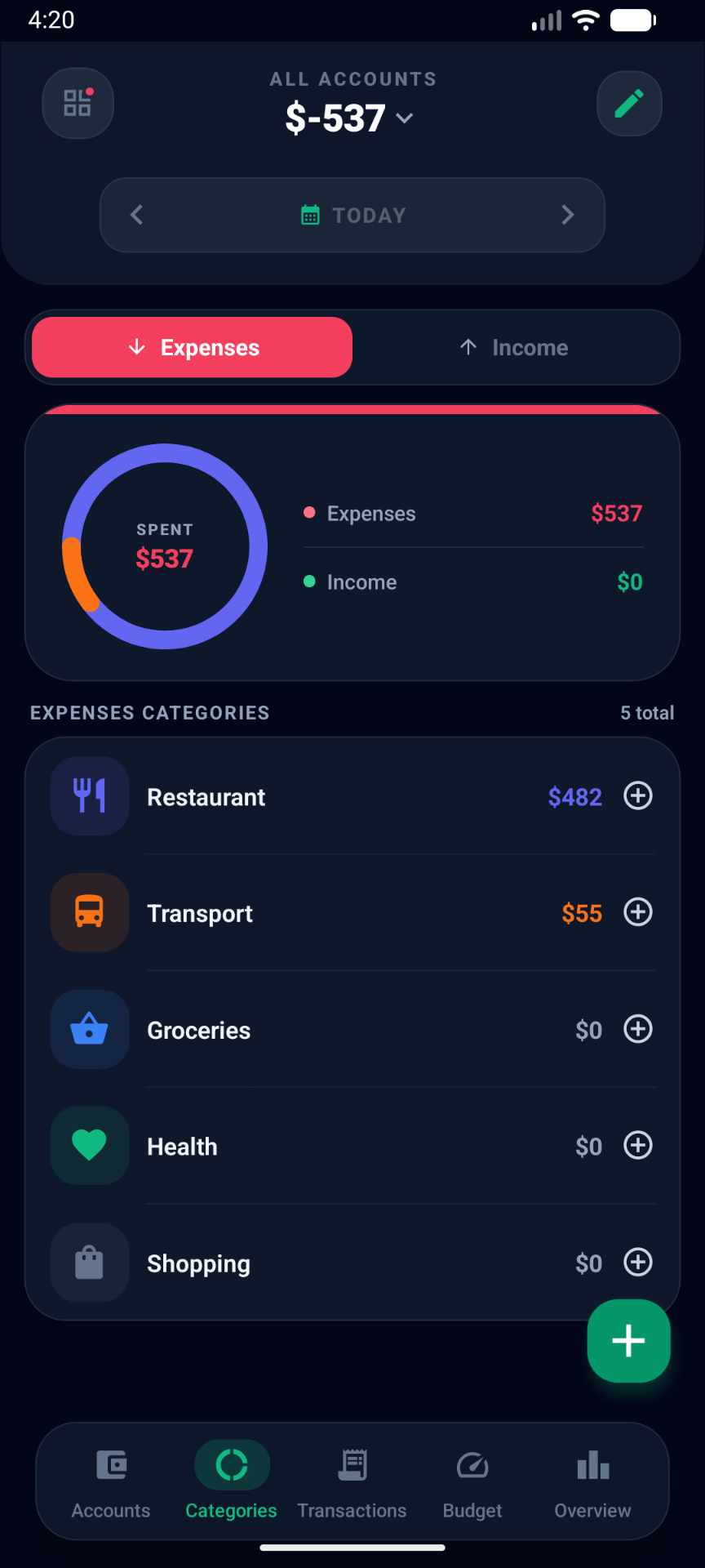 xPenny categories in dark mode